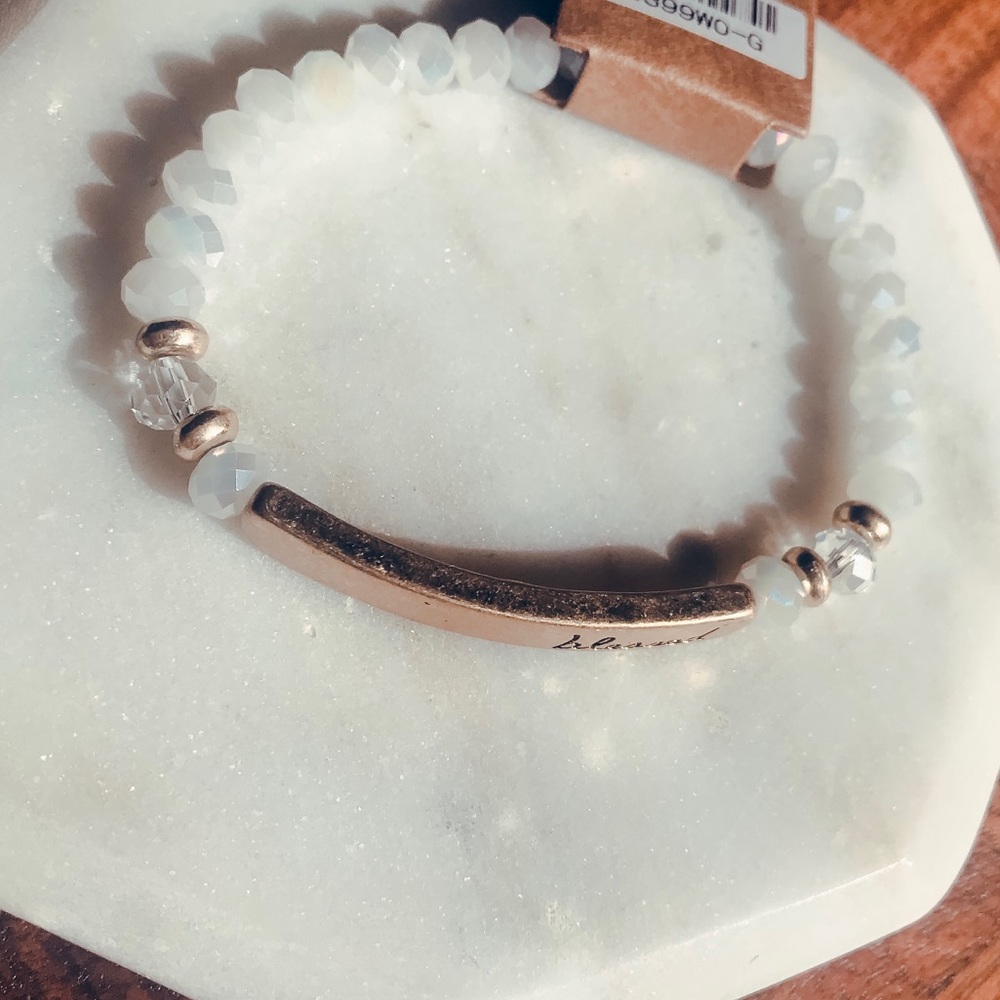 White & Gold Blessed Quote Glass Bead Bracelet NEW - Picture 2 of 2